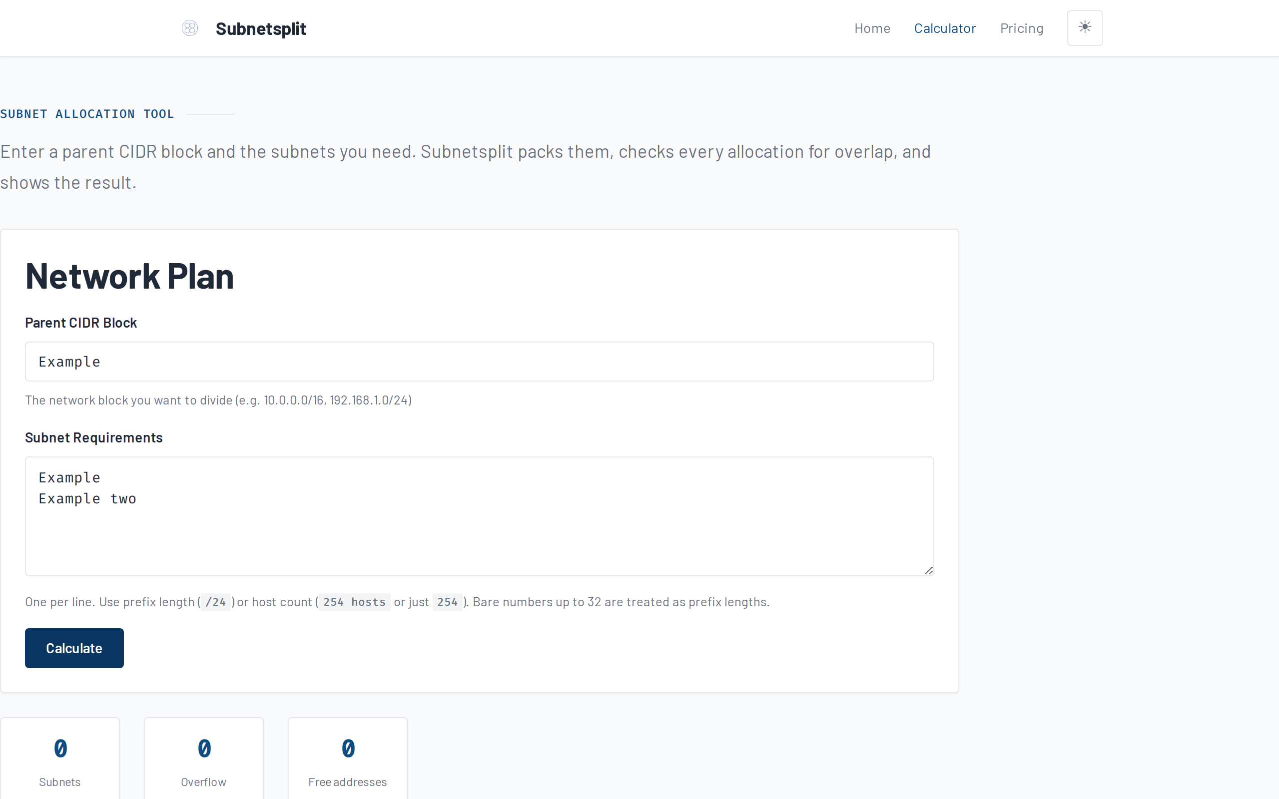 Subnetsplit allocation calculator in use: a 10.0.0.0/16 parent block has been entered and the tool shows a verification table with each subnet's network address, broadcast address, subnet mask, and usable host count, confirming no overlaps.